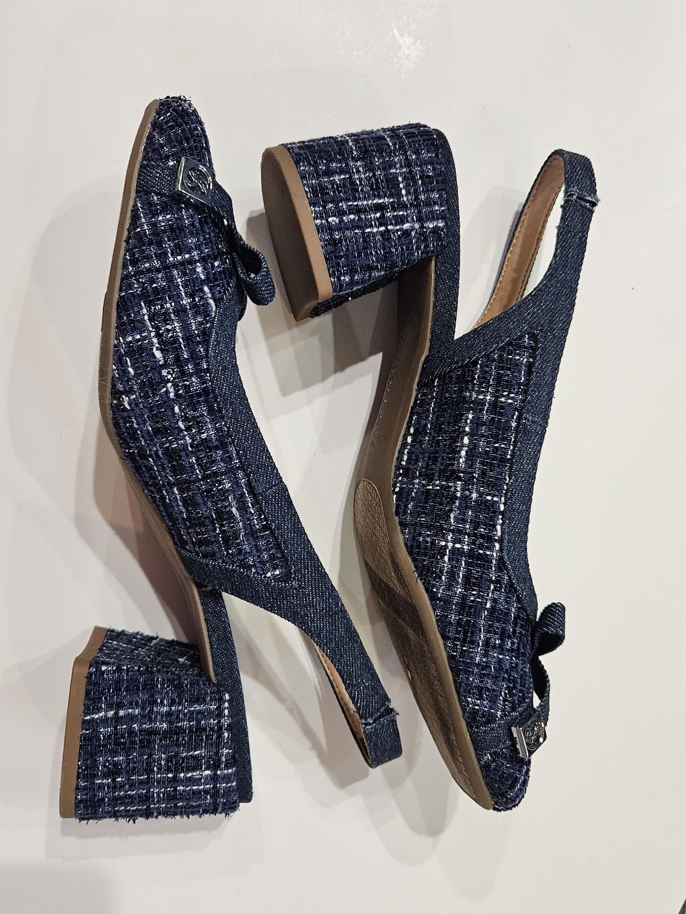 Navy Tweed Slingback Block Heel Pumps - Picture 5 of 10